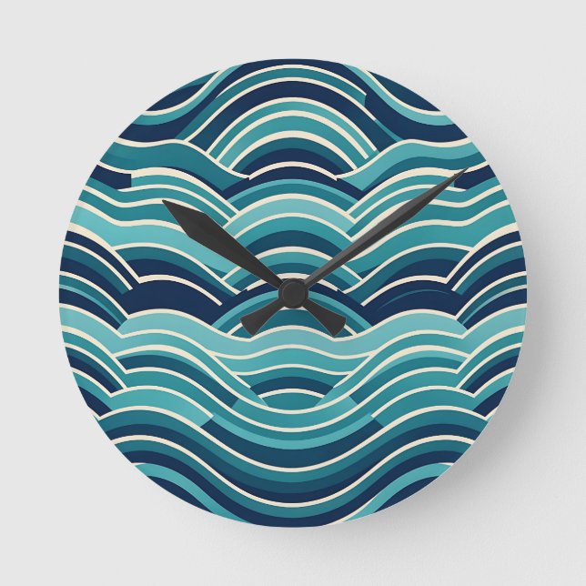 Teal Navy Geometric Ocean Waves Repeating Pattern Round Clock (Front)