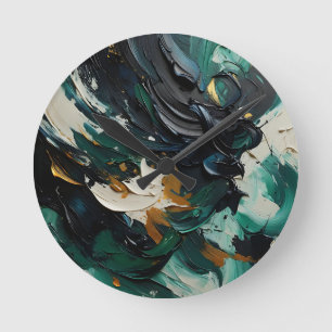Teal Navy Gold Abstract Swirls Round Clock