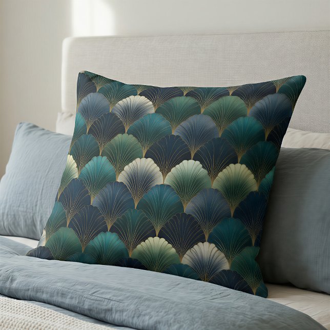 Teal Navy Gold Art Deco Fan Pattern Cushion (Creator Uploaded)