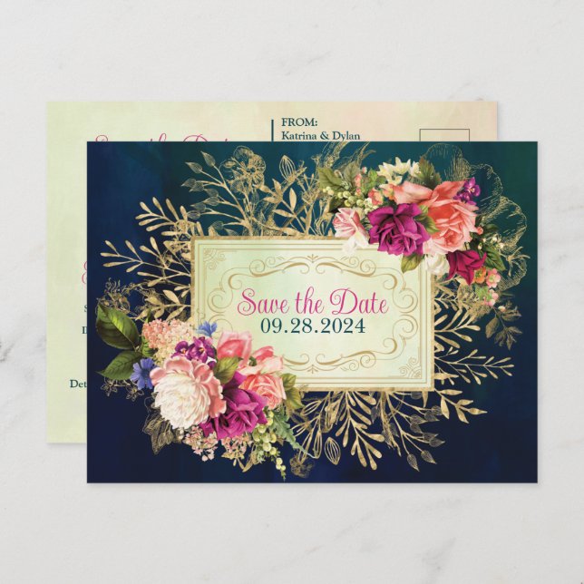 Teal, Navy, Green, Gold Bold Florals Save the Date Postcard (Front/Back)