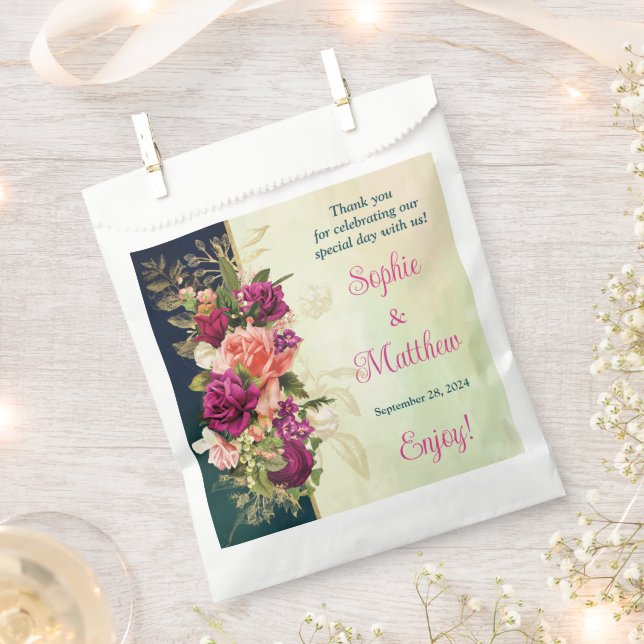 Teal, Navy, Green, Gold Bold Florals Wedding Favour Bags (Clipped)