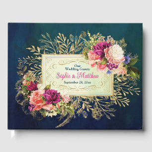 Teal, Navy, Green, Gold Bold Florals Wedding Guest Book