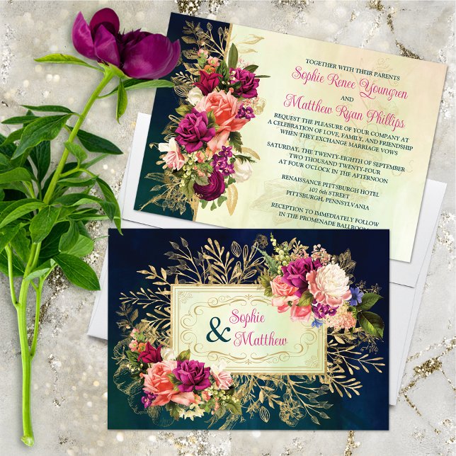 Teal, Navy, Green, Gold Bold Florals Wedding Invitation (Beautiful Vintage Florals on Deep Teal and Navy Watercolors Wedding Invitation.)