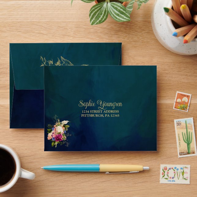 Teal, Navy, Green, Gold Bold Florals Wedding RSVP Envelope (Desk)