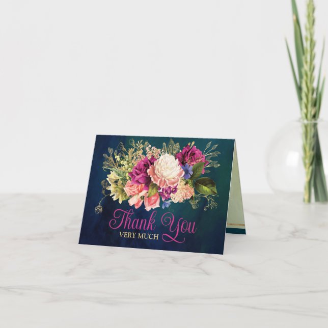 Teal, Navy, Green, Gold Bold Florals Wedding Thank You Card (Front)
