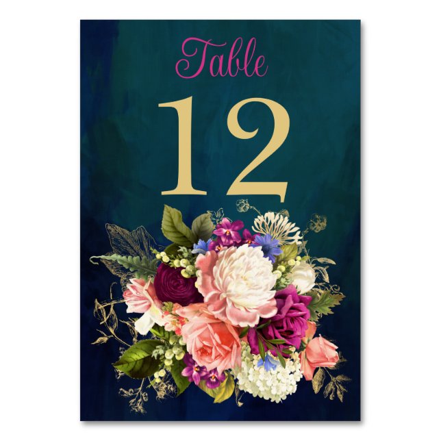 Teal, Navy, Green, Gold Florals Table Number Card (Front)