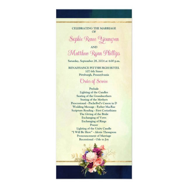 Teal, Navy, Green, Gold Florals Wedding Program Rack Card (Front)