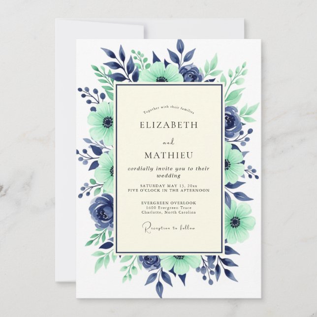 Teal Navy Majestic Botanical Wedding Invitation (Front)