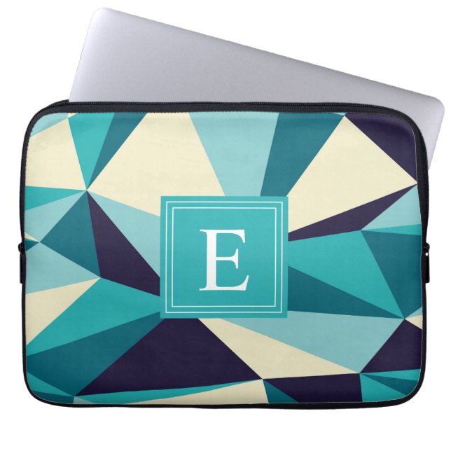 Teal Navy Monogram Triangle Pattern Laptop Sleeve (Front)
