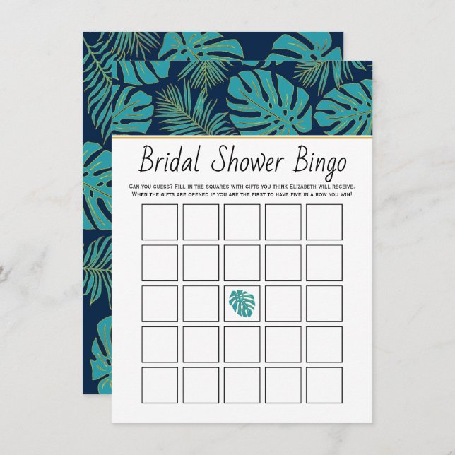 Teal, navy tropical leaves bridal bingo game card (Front/Back)
