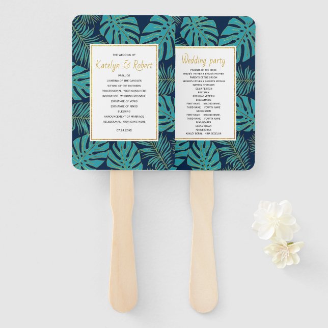 Teal, navy tropical leaves wedding program hand fan (Front and Back)