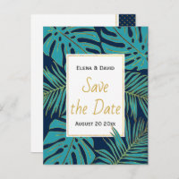 Teal, navy tropical leaves wedding Save the Date