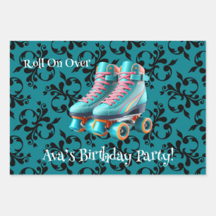 Teal Neon Roll On Over Skate Birthday Party Wrapping Paper Sheet