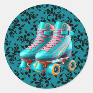 Teal Neon Rollerskate Birthday Party Classic Round Sticker
