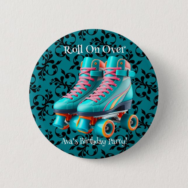 Teal Neon Rollerskate Birthday Party Custom 6 Cm Round Badge (Front)