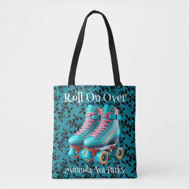Teal Neon Rollerskate Birthday Party Custom Tote Bag (Front)