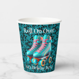 Teal Neon Rollerskate Birthday Party Paper Cups