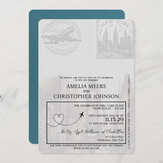 Teal New York City Passport Wedding Invitation (Front/Back)