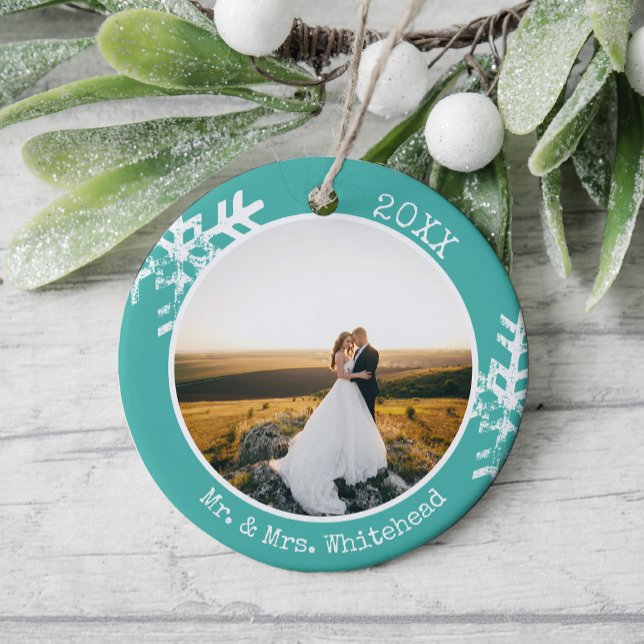 Teal Newlywed Snowflake 1st Christmas Ceramic Tree Decoration (Rustic snowflake newlywed holiday keepsake photo ornament perfect for gifts to bring joy to others.)