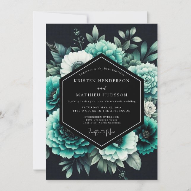 Teal Noir Botanical Wedding Invitation (Front)