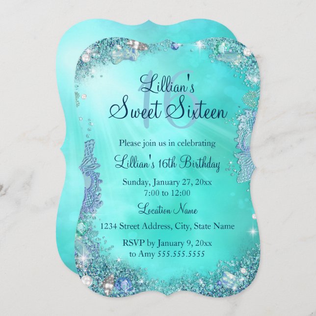 Teal Ocean Jewel Sweet 16 Birthday Invite (Front/Back)
