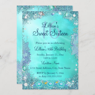 Teal Ocean Jewel Sweet 16 Birthday Party 2 Invitation