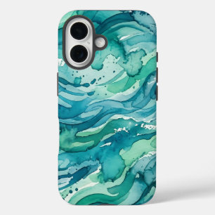 Teal Ocean Watercolor Abstract Pattern iPhone 16 Case