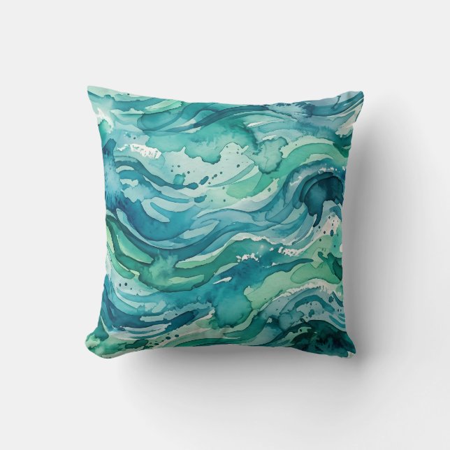 Teal Ocean Watercolor Abstract Pattern Cushion (Front)