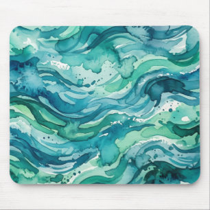 Teal Ocean Watercolor Abstract Pattern Mouse Pad
