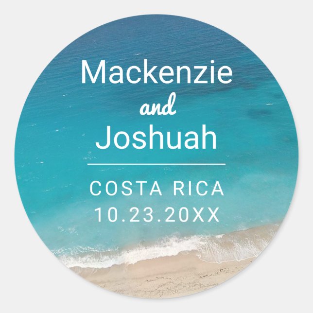 Teal Ocean Waves on Sand Beach Wedding Classic Round Sticker (Front)