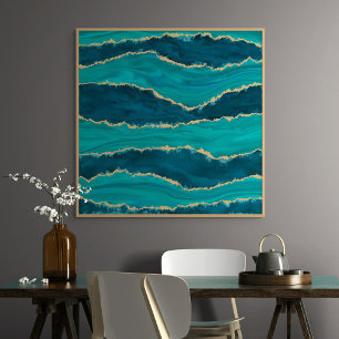 Teal Ocean Waves with Gold Accents Poster