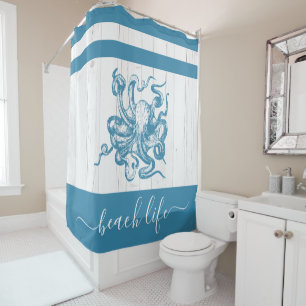 Teal octopus beach life script white rustic wood shower curtain