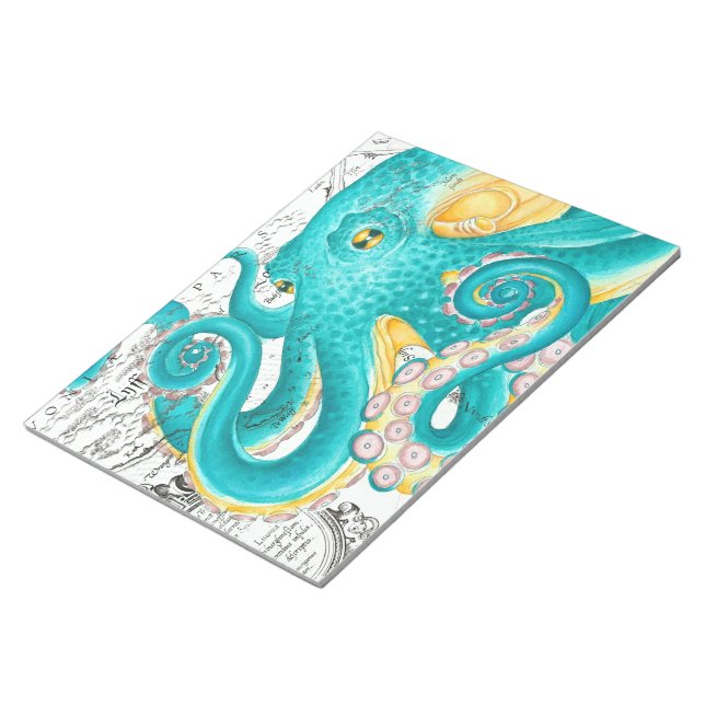 Teal Octopus Nautical Map Watercolor Notepad (Angled)