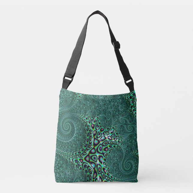 Teal Octopus Tentacles Steampunk Style Fractal Art Crossbody Bag (Front)
