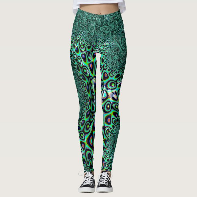 Teal Octopus Tentacles Steampunk Style Fractal Art Leggings (Front)