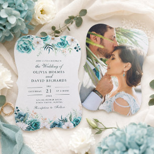 Teal Off-White Wildflowers Couple Photo Wedding Invitation