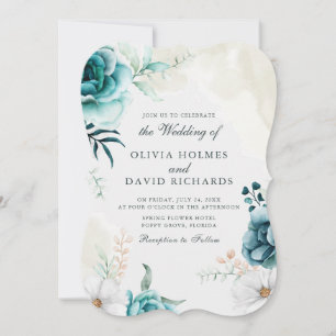 Teal Off-White Wildflowers Photo Wedding Invite