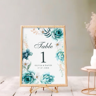 Teal & Off-White Wildflowers Wedding Table Number