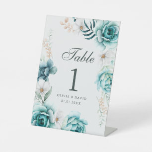 Teal & Off-White Wildflowers Wedding Table Number Pedestal Sign