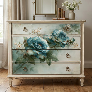 Teal Oil Painting Vintage Rose Branch Decoupage Tissue Paper