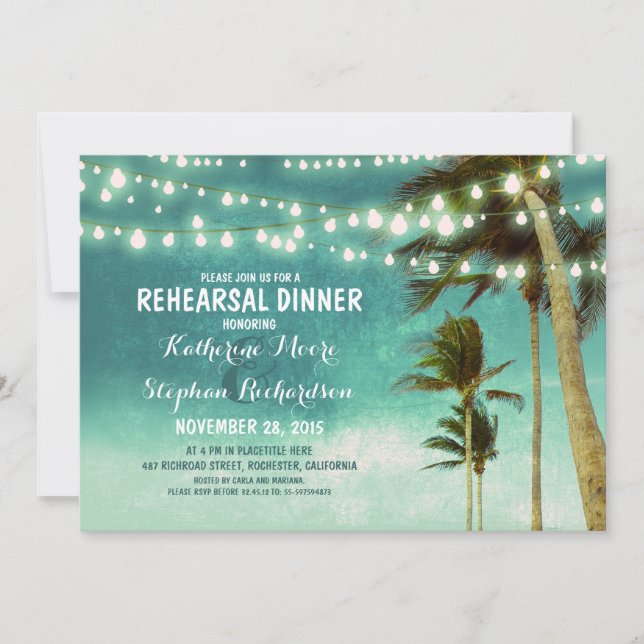 teal ombre beach rehearsal dinner string lights invitation (Front)