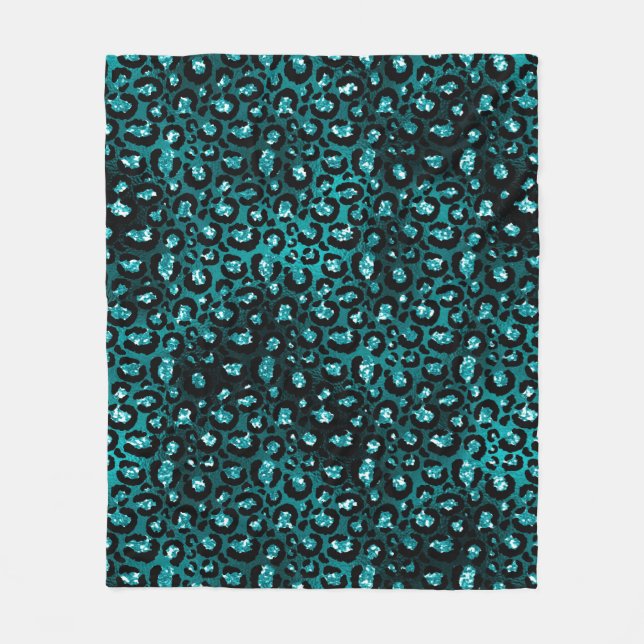 Teal Ombre & Black Glam Glitter Leopard Spots Fleece Blanket (Front)