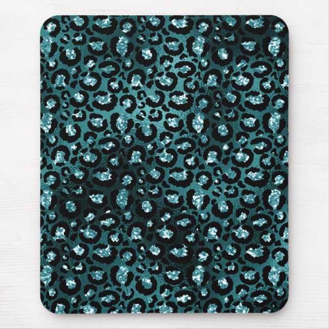 Teal Ombre & Black Glam Glitter Leopard Spots Mouse Pad (Front)