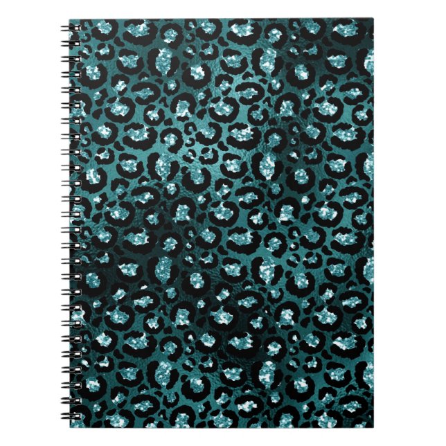Teal Ombre & Black Glam Glitter Leopard Spots Notebook (Front)