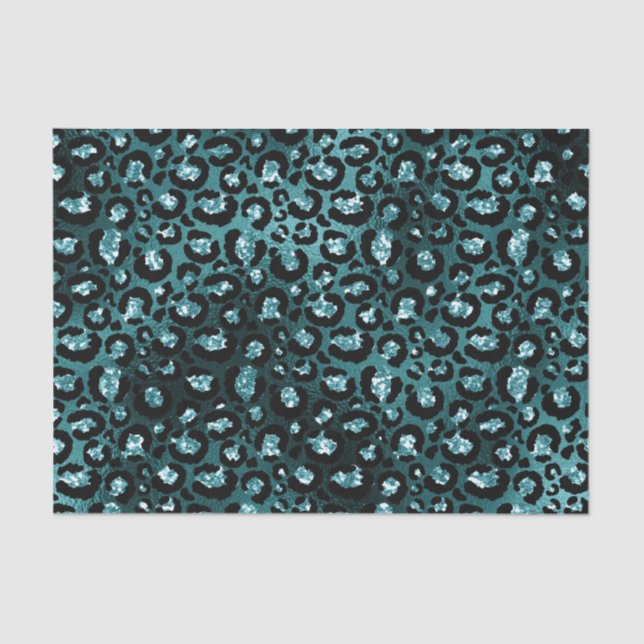 Teal Ombre & Black Glam Glitter Leopard Spots Tissue Paper (Front)