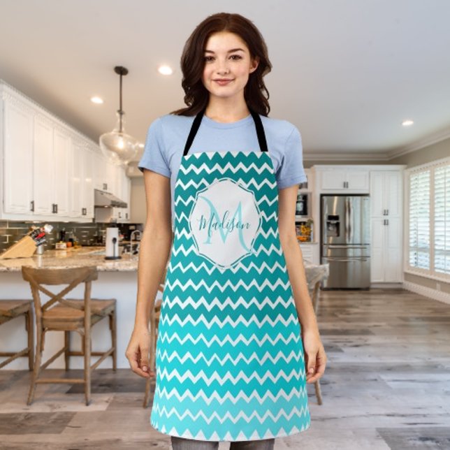 Teal Ombre Chevron Personalised Apron (Teal Ombre Chevron Personalized Apron)