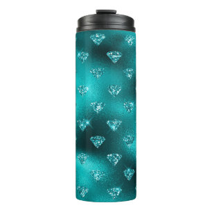 Teal Ombre Glam Glitter Diamonds Pattern Thermal Tumbler