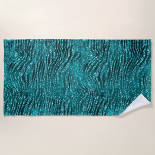 Teal Ombre Glam Glitter Tiger Stripes Pattern Beach Towel