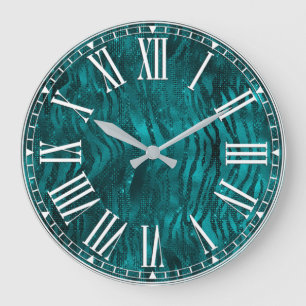 Teal Ombre Glam Glitter Tiger Stripes Pattern Large Clock