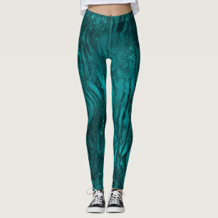 Teal Ombre Glam Glitter Tiger Stripes Pattern Leggings